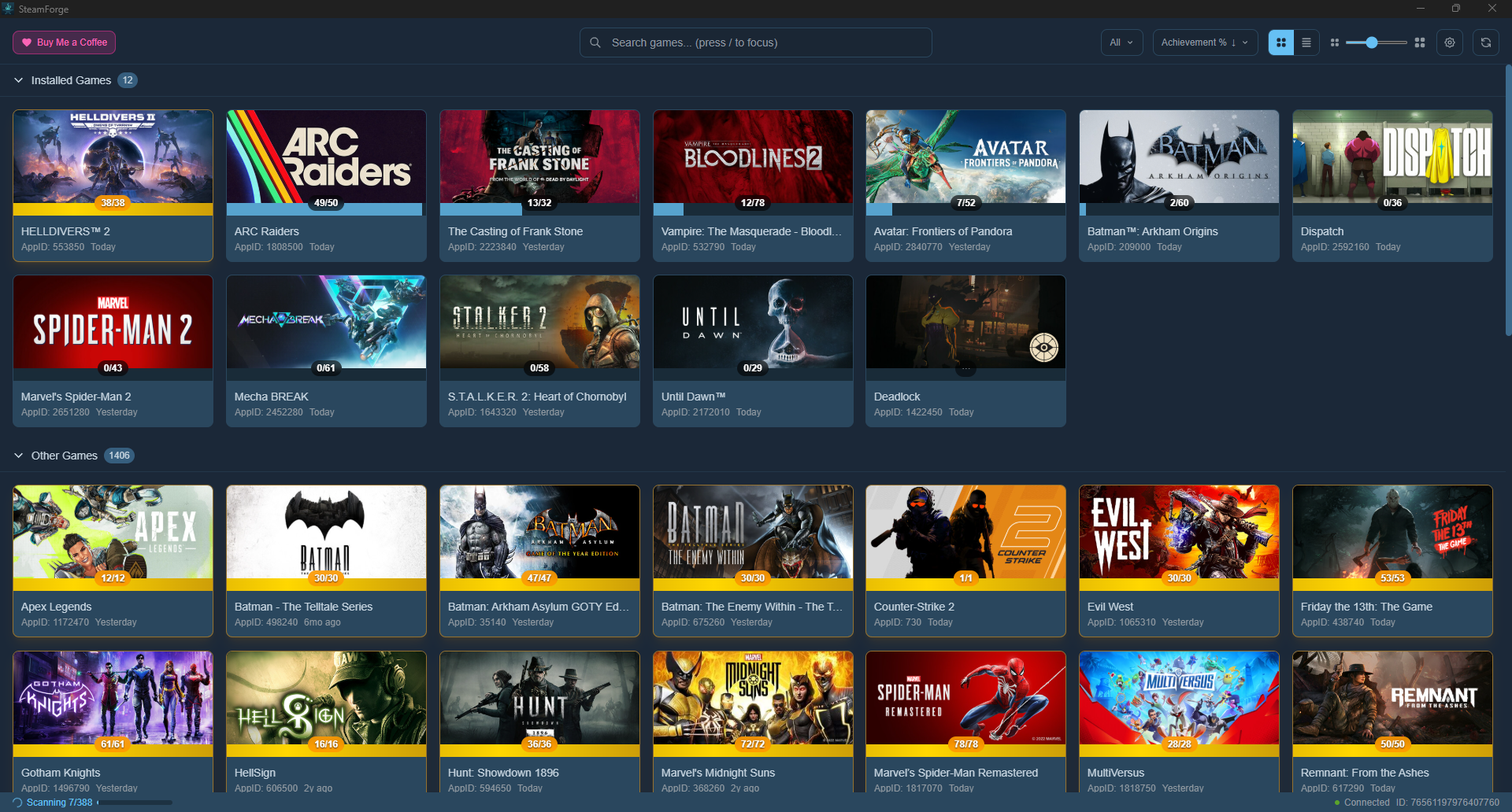 SteamForge game library grid view